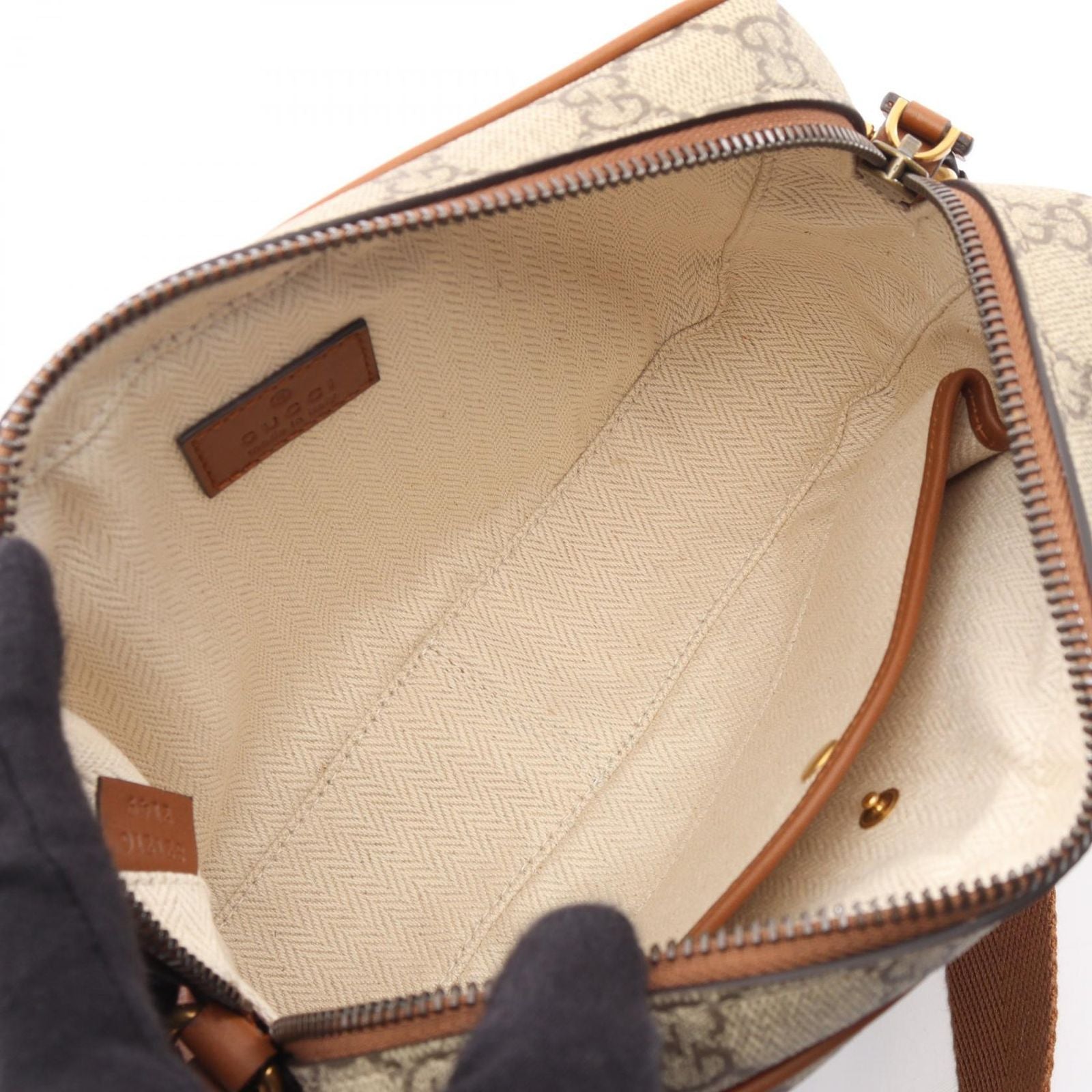 Gucci Shoulder Bag GG Emblem Beige Brown Canvas Leather