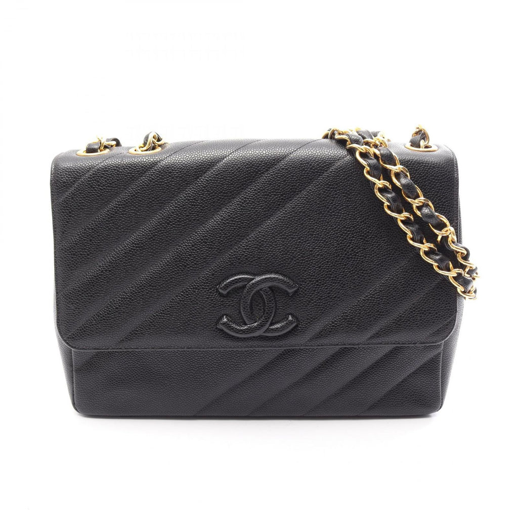 Chanel Shoulder Bag Bias Stitch CC Logo Black Caviar Leather Chain