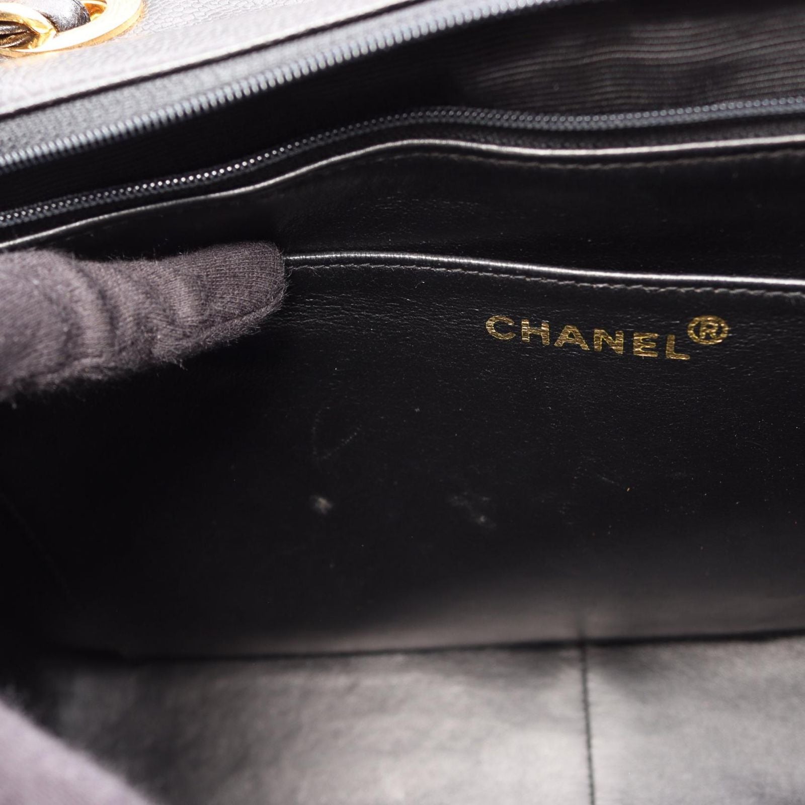 Chanel Shoulder Bag Bias Stitch CC Logo Black Caviar Leather Chain