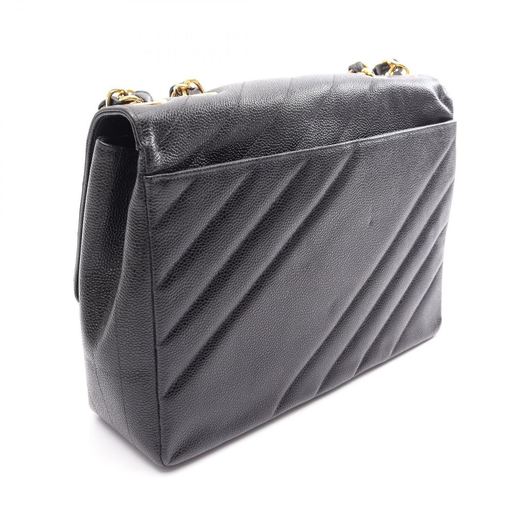 Chanel Shoulder Bag Bias Stitch CC Logo Black Caviar Leather Chain