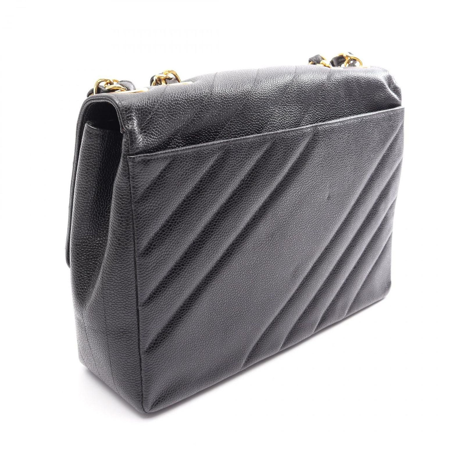 Chanel Shoulder Bag Bias Stitch CC Logo Black Caviar Leather Chain