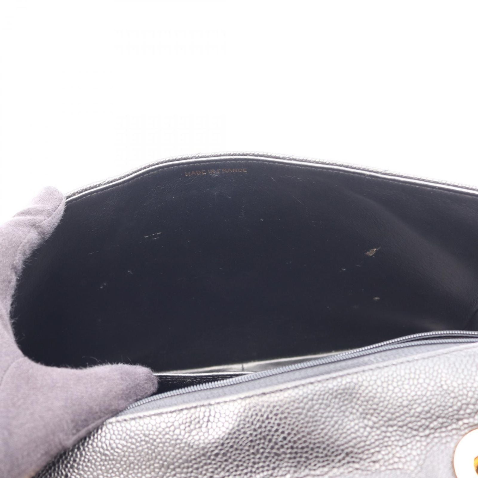 Chanel Shoulder Bag Bias Stitch CC Logo Black Caviar Leather Chain