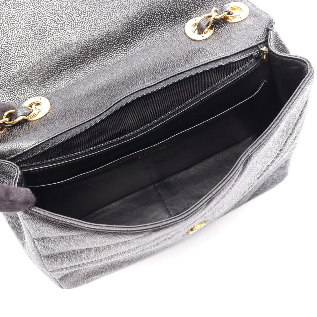 Chanel Shoulder Bag Bias Stitch CC Logo Black Caviar Leather Chain