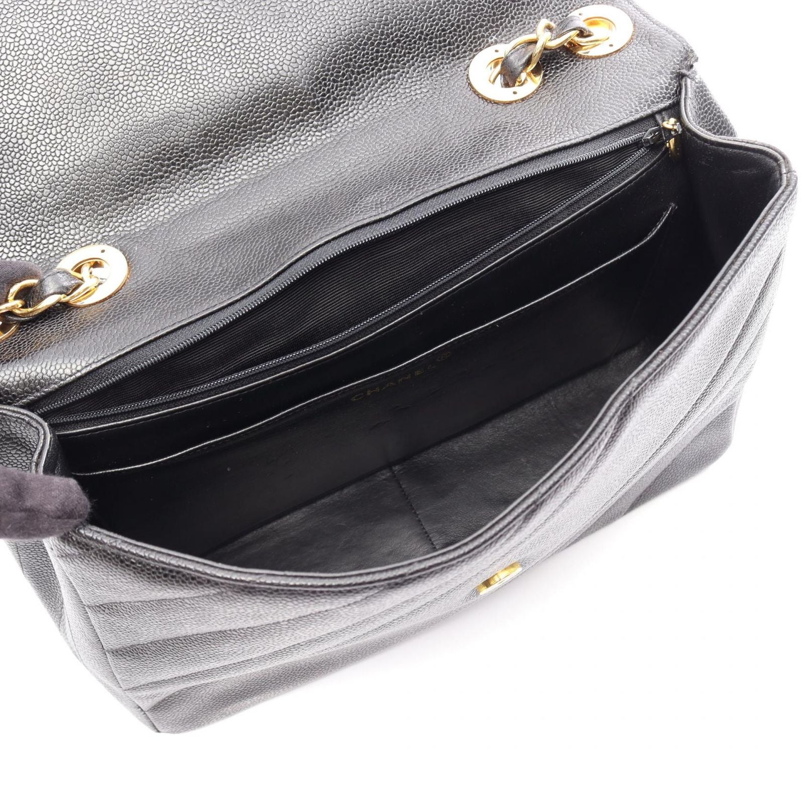 Chanel Shoulder Bag Bias Stitch CC Logo Black Caviar Leather Chain