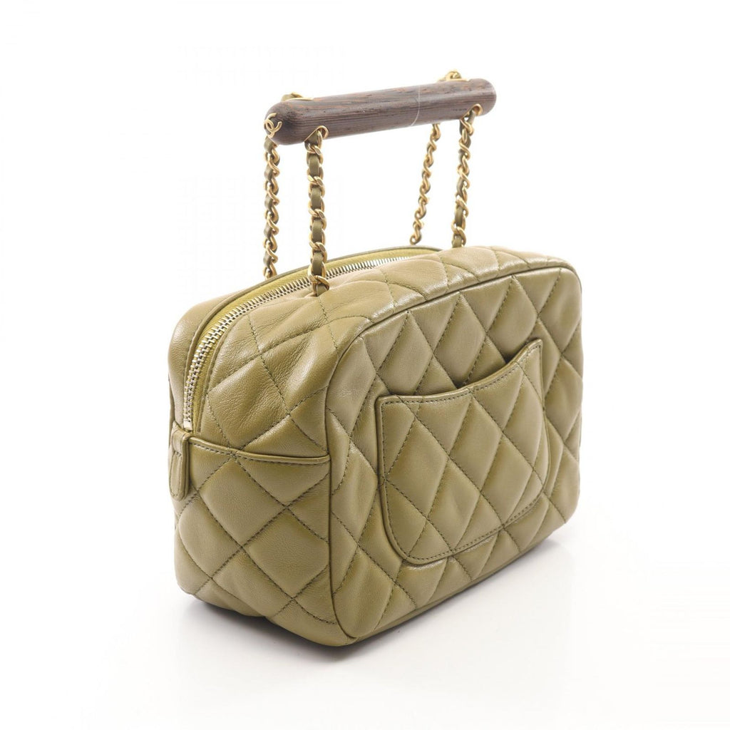 Chanel Shoulder Bag Quilted Mini Bow 2-Way Khaki Lambskin Wood Handle