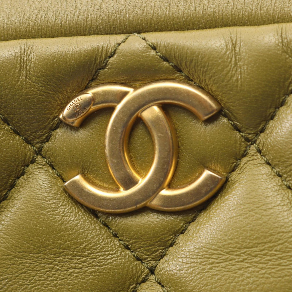 Chanel Shoulder Bag Quilted Mini Bow 2-Way Khaki Lambskin Wood Handle