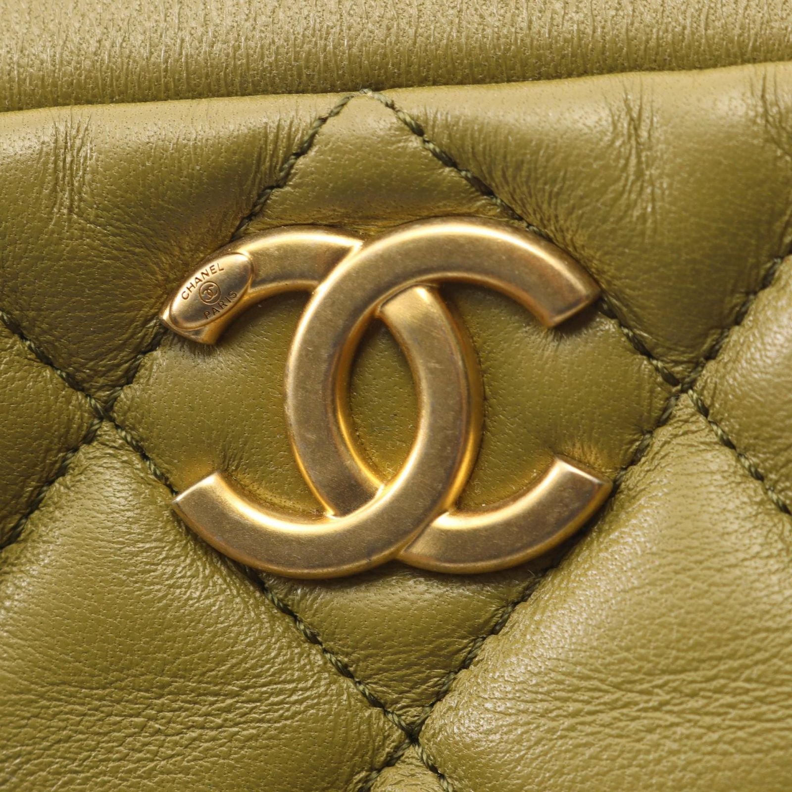 Chanel Shoulder Bag Quilted Mini Bow 2-Way Khaki Lambskin Wood Handle
