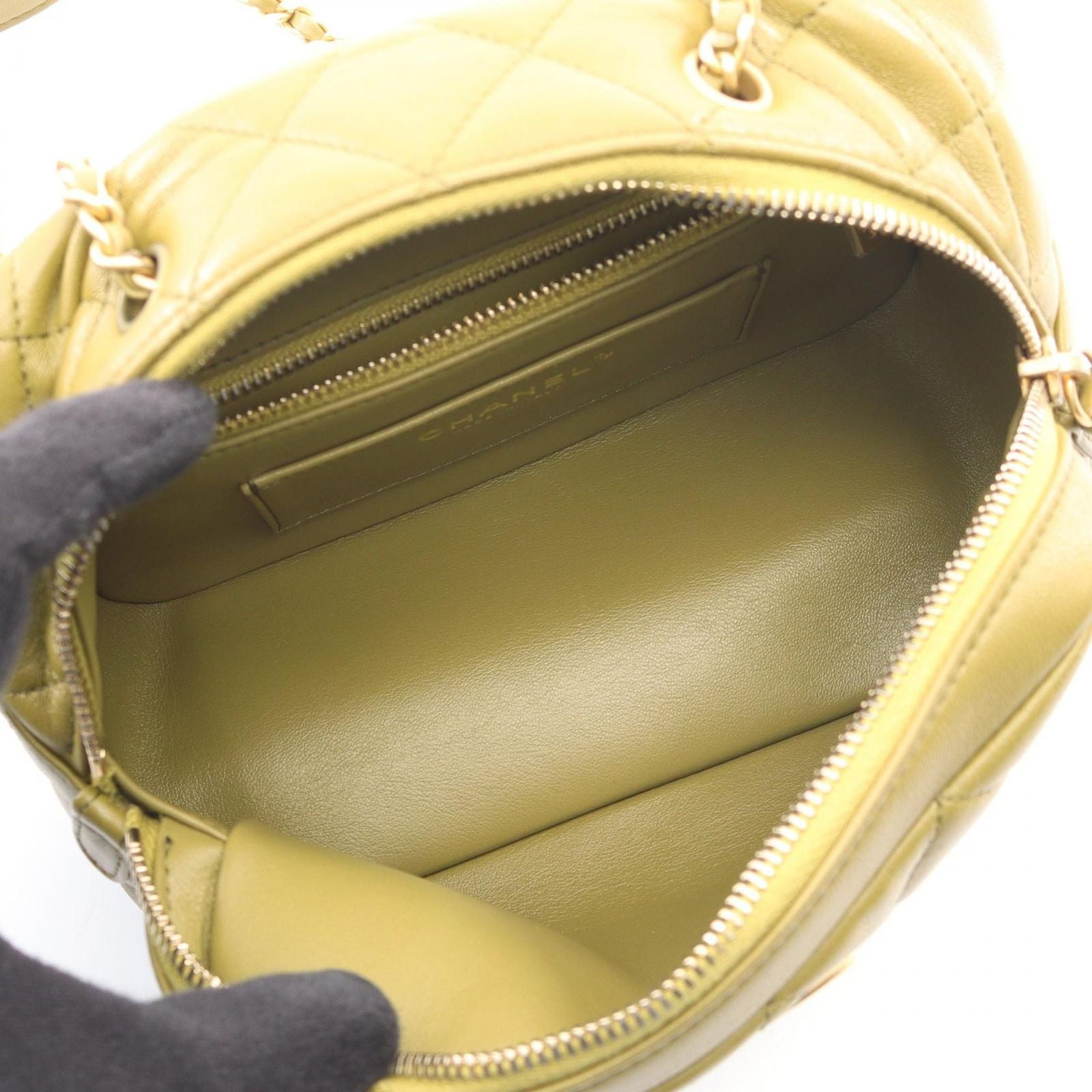 Chanel Shoulder Bag Quilted Mini Bow 2-Way Khaki Lambskin Wood Handle