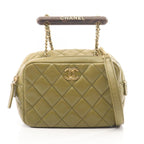 Chanel Shoulder Bag Quilted Mini Bow 2-Way Khaki Lambskin Wood Handle