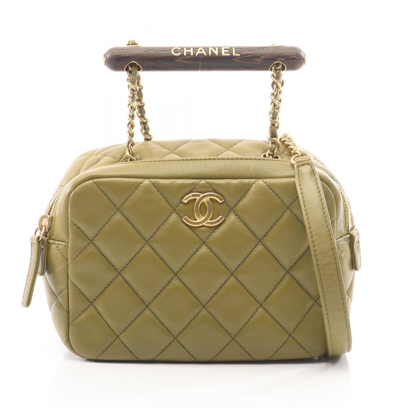 Chanel Shoulder Bag Quilted Mini Bow 2-Way Khaki Lambskin Wood Handle