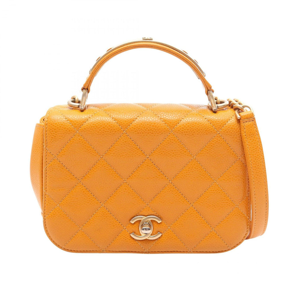 Chanel Shoulder Bag Quilted Top Handle 2-Way Orange Caviar Leather Chain