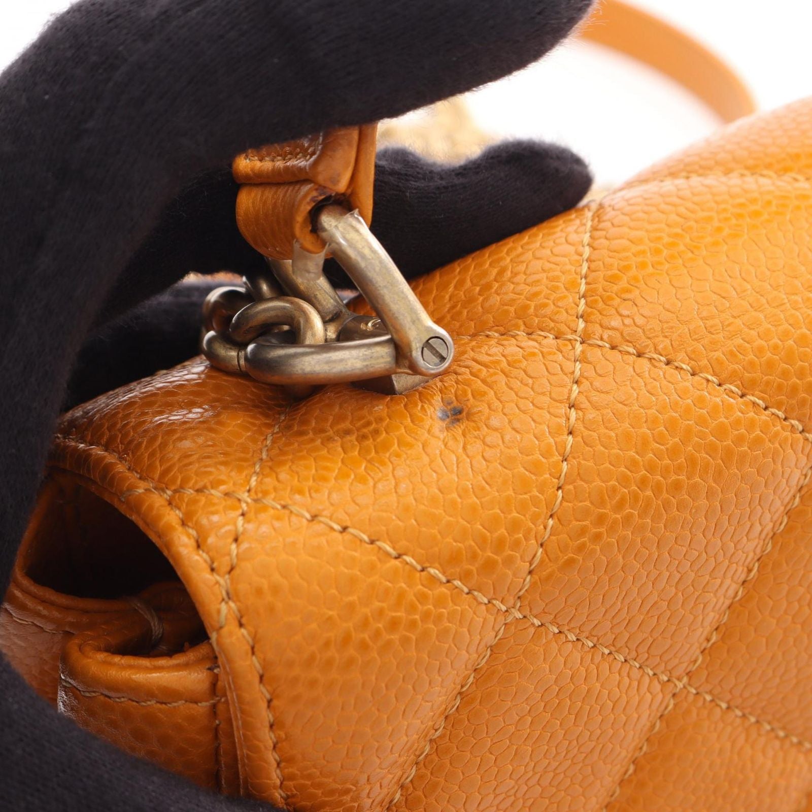 Chanel Shoulder Bag Quilted Top Handle 2-Way Orange Caviar Leather Chain
