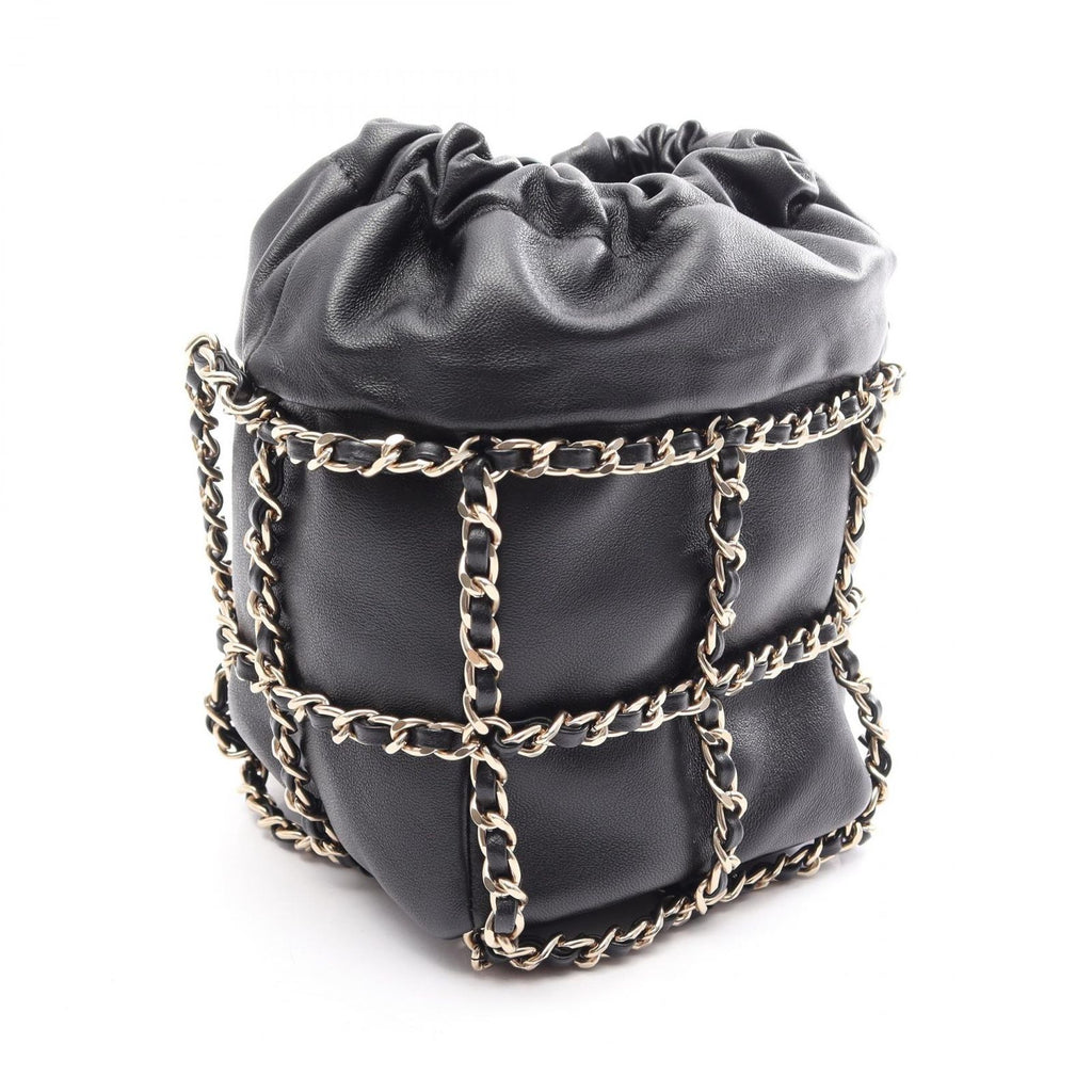 Chanel Shoulder Bag CC Logo Drawstring Black Lambskin Small
