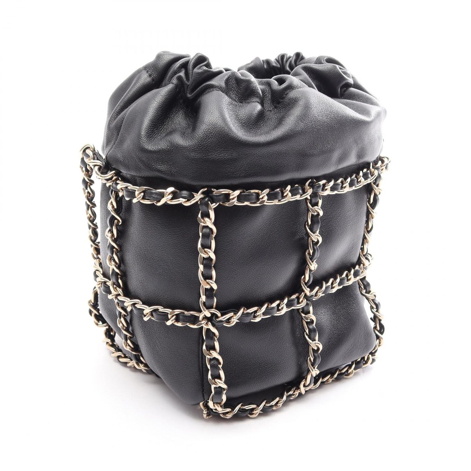 Chanel Shoulder Bag CC Logo Drawstring Black Lambskin Small