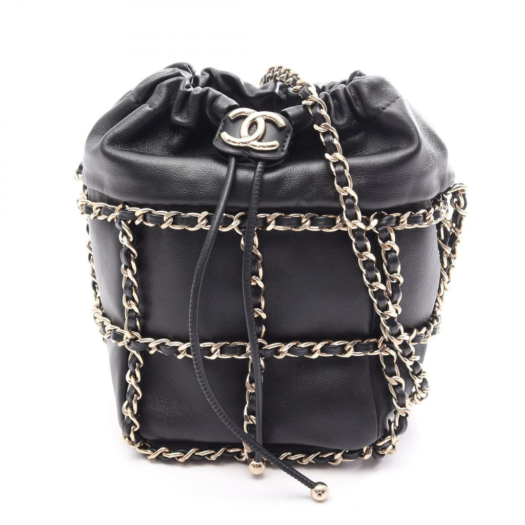 Chanel Shoulder Bag CC Logo Drawstring Black Lambskin Small