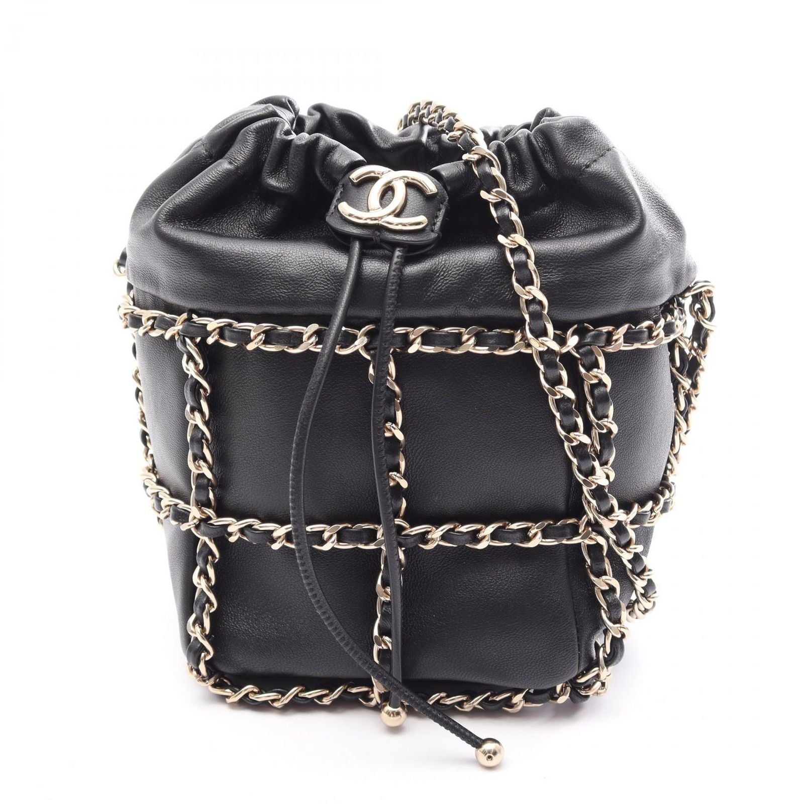 Chanel Shoulder Bag CC Logo Drawstring Black Lambskin Small