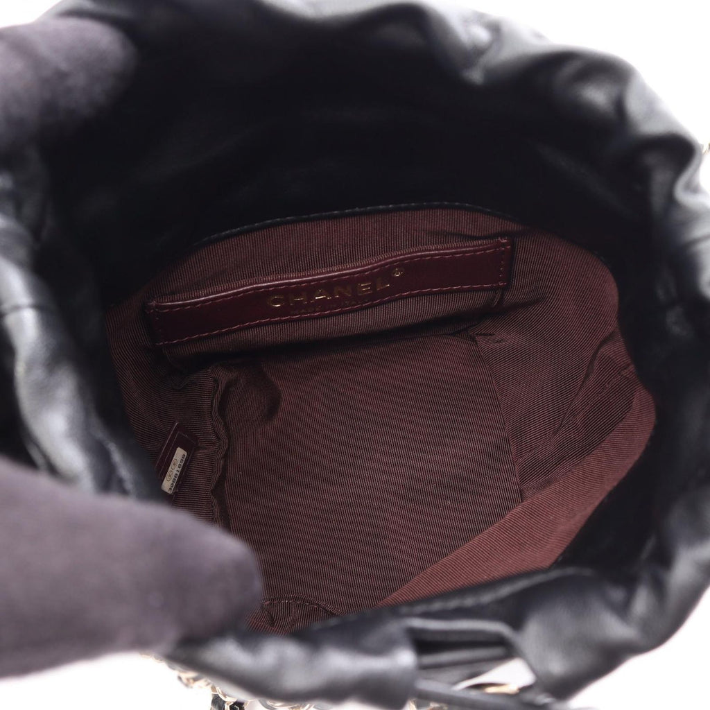 Chanel Shoulder Bag CC Logo Drawstring Black Lambskin Small