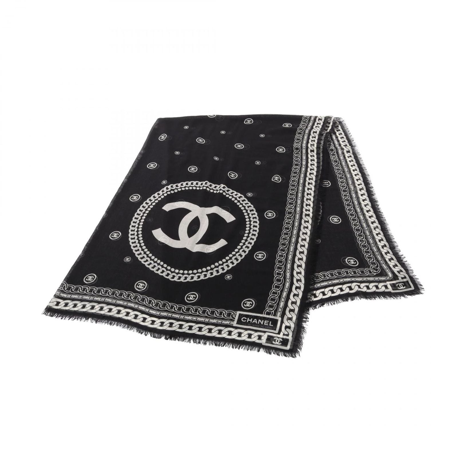Chanel Shawl CC Logo Black Silk Scarf