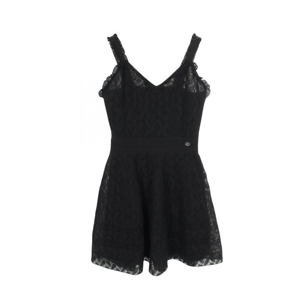 Chanel Dress CC Logo Button Camellia Lace Sleeveless Black Nylon Cotton