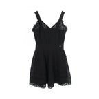Chanel Dress CC Logo Button Camellia Lace Sleeveless Black Nylon Cotton
