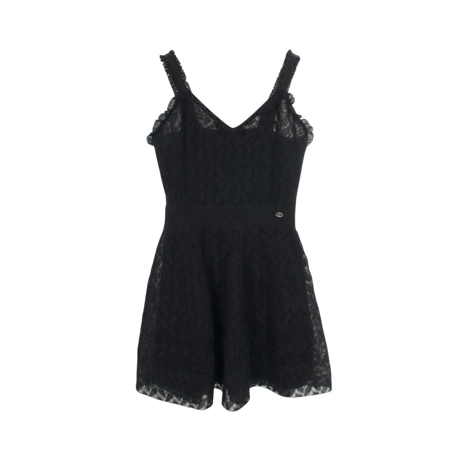 Chanel Dress CC Logo Button Camellia Lace Sleeveless Black Nylon Cotton