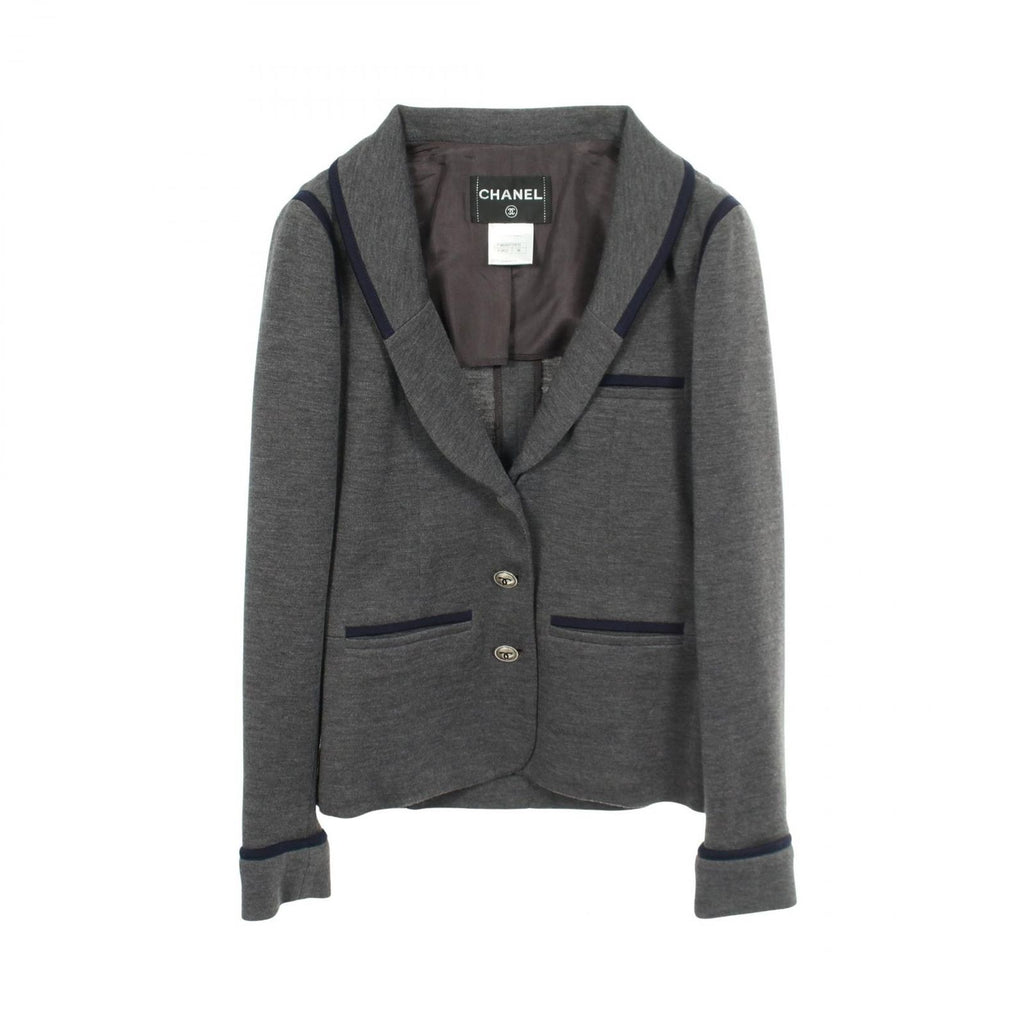 Chanel Tailored Jacket CC Logo Button Gray Wool