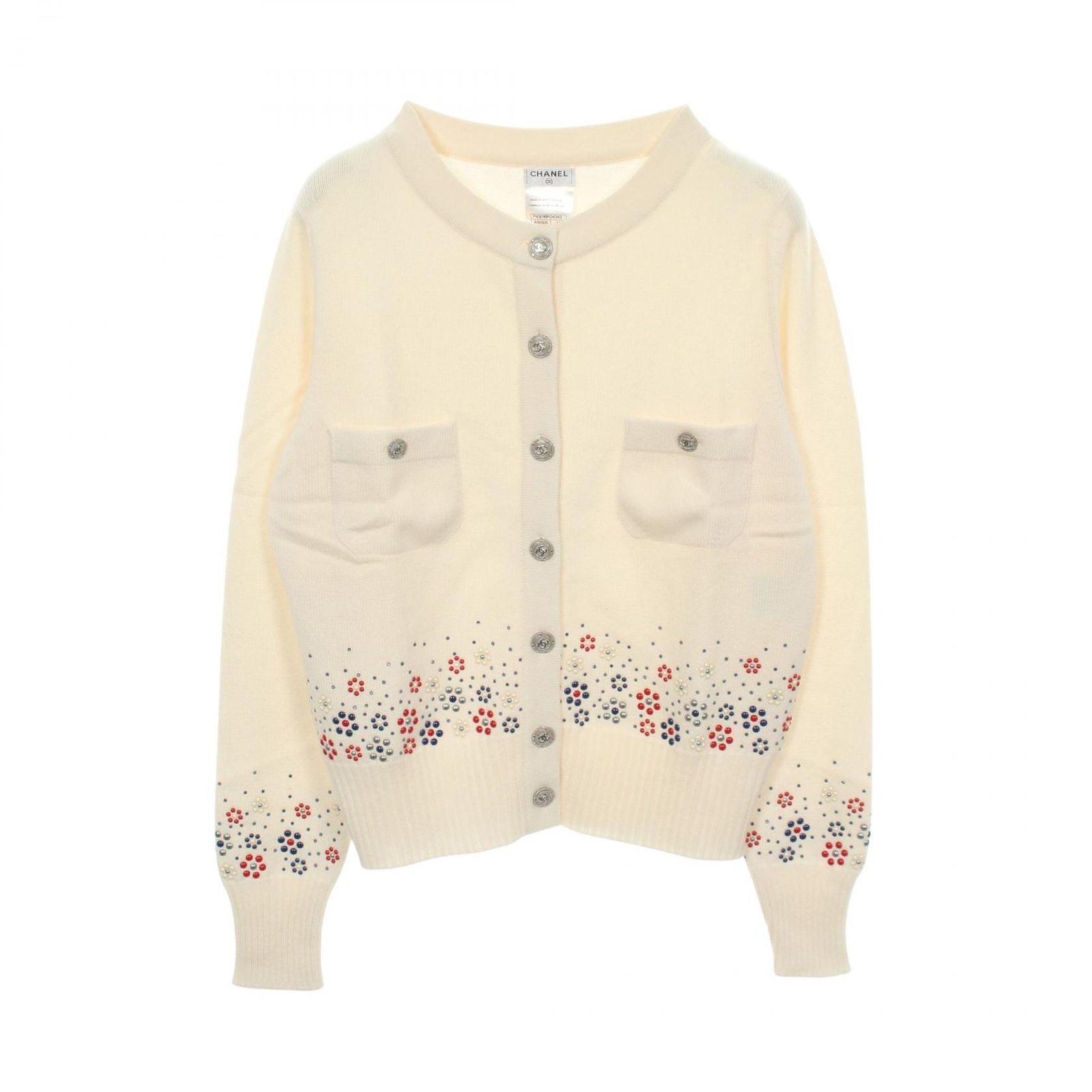 Chanel Cardigan CC Logo Studs Off White Cashmere