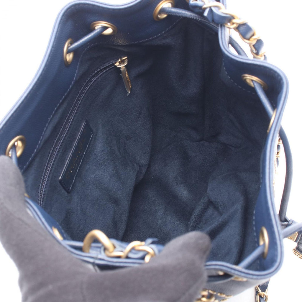 Chanel Shoulder Bag Deauville Navy Leather Logo Studs Drawstring