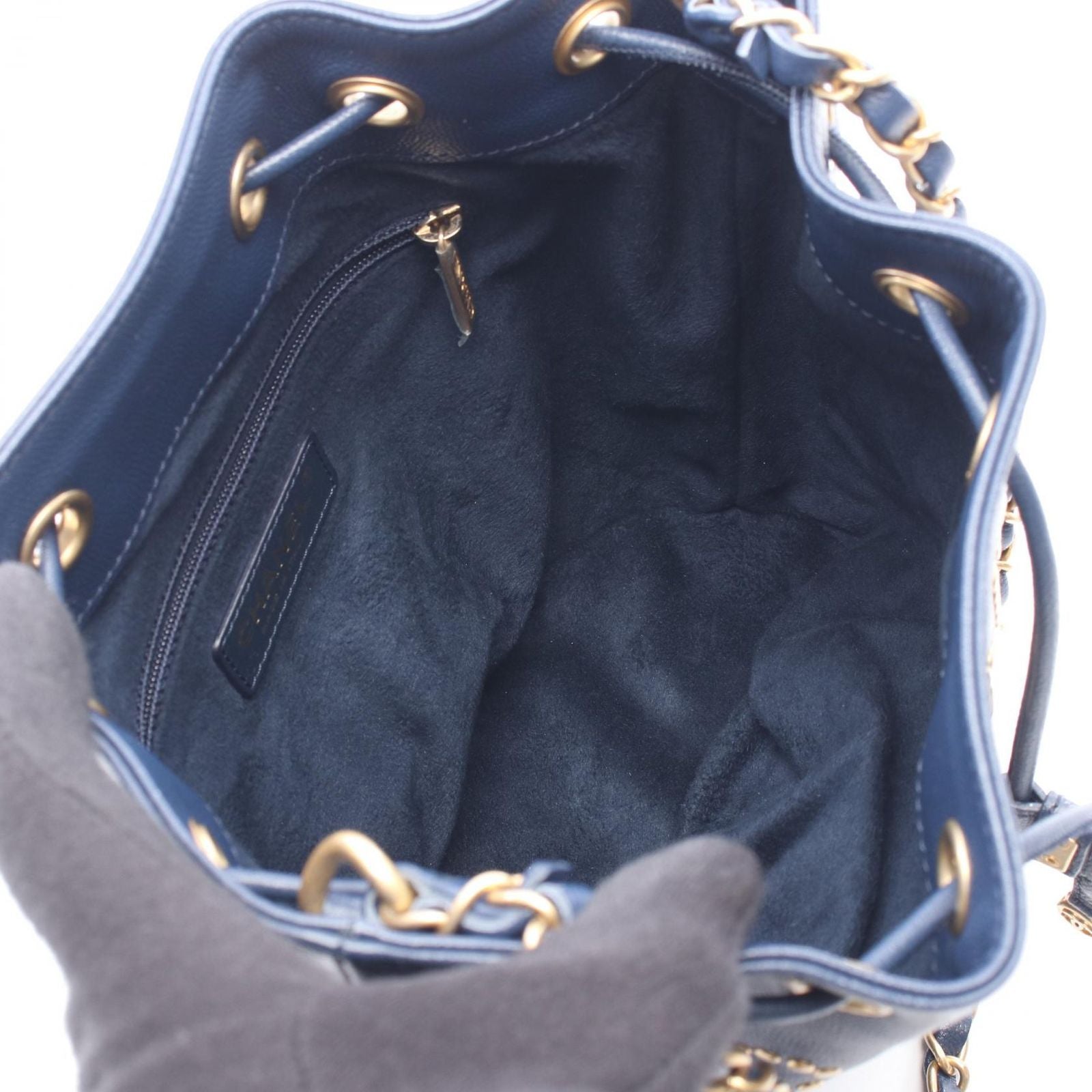 Chanel Shoulder Bag Deauville Navy Leather Logo Studs Drawstring