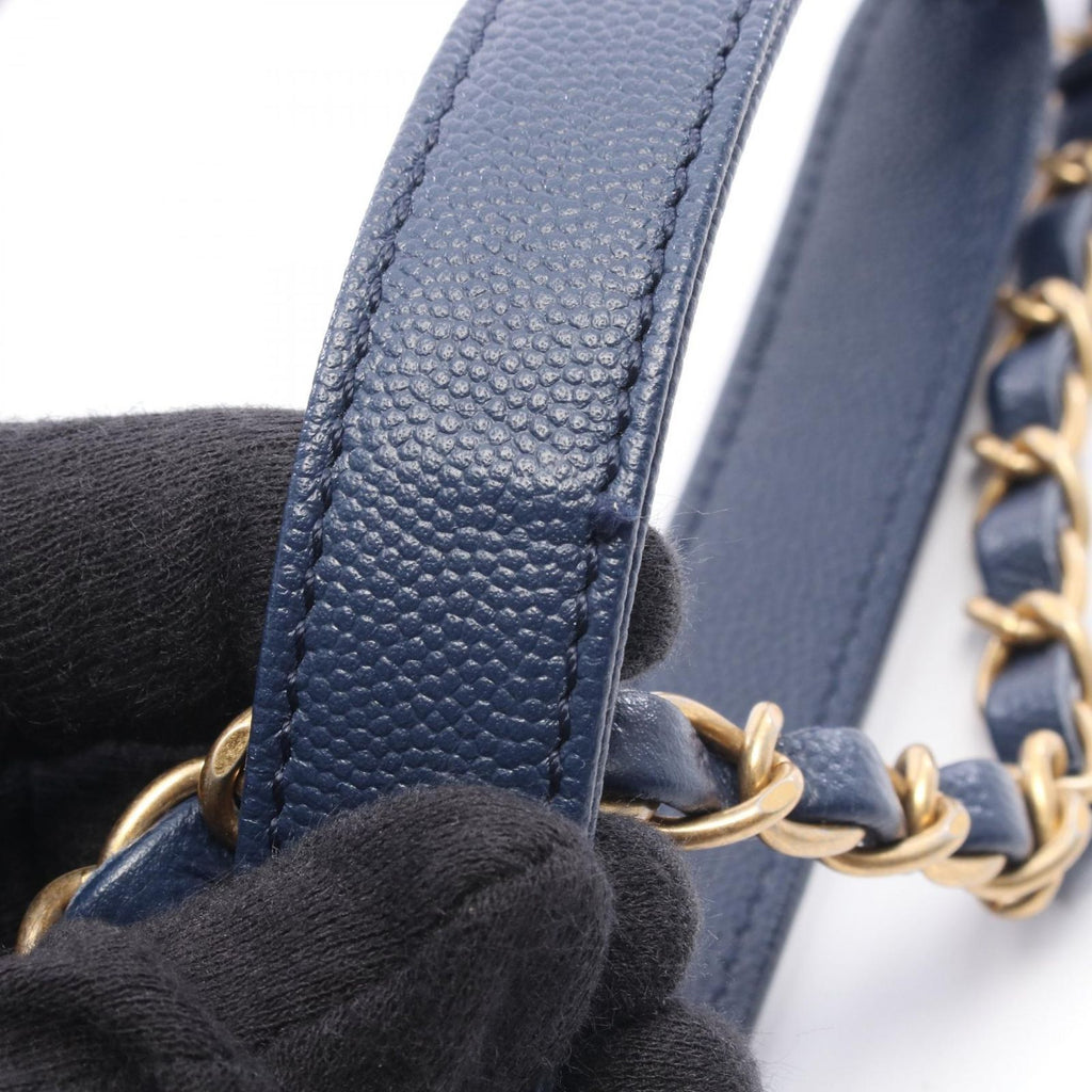 Chanel Shoulder Bag Deauville Navy Leather Logo Studs Drawstring