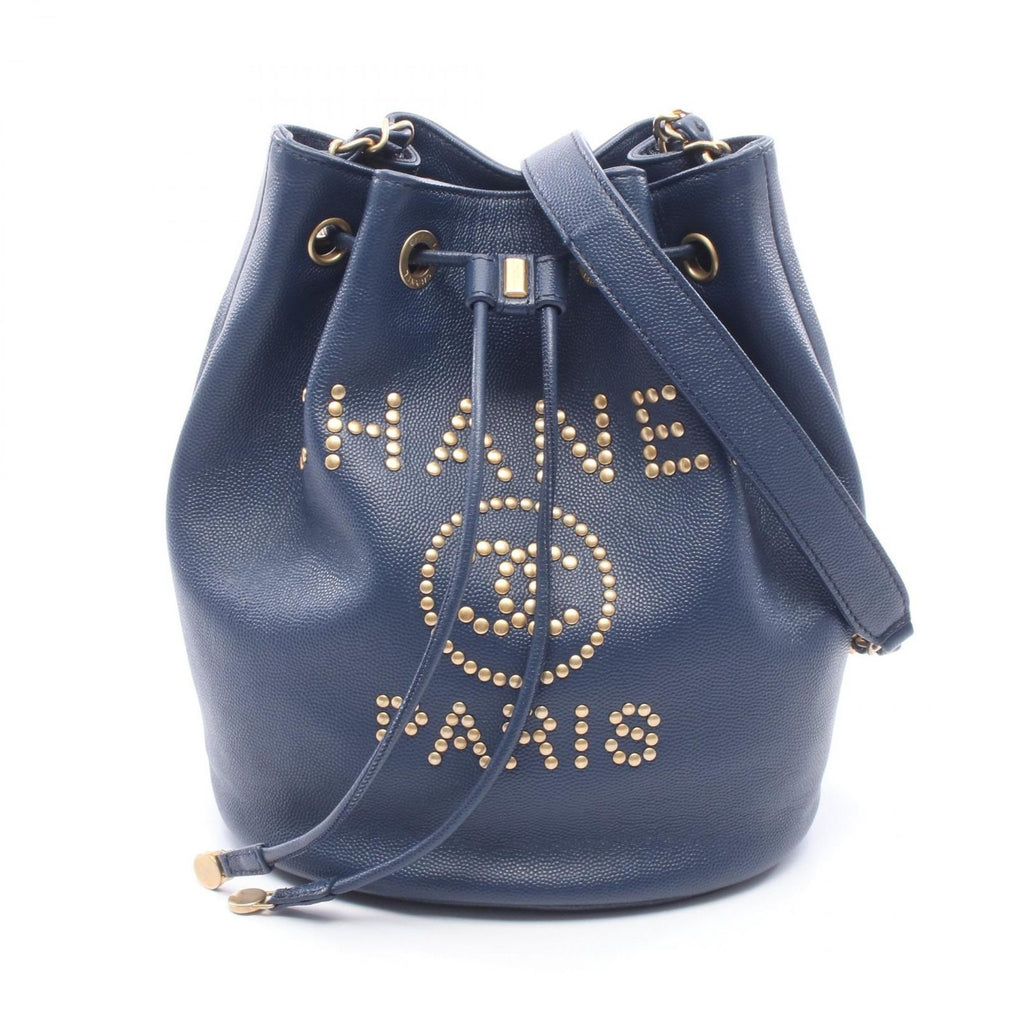 Chanel Shoulder Bag Deauville Navy Leather Logo Studs Drawstring