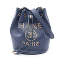 Chanel Shoulder Bag Deauville Navy Leather Logo Studs Drawstring