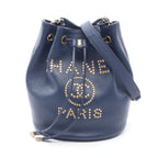 Chanel Shoulder Bag Deauville Navy Leather Logo Studs Drawstring