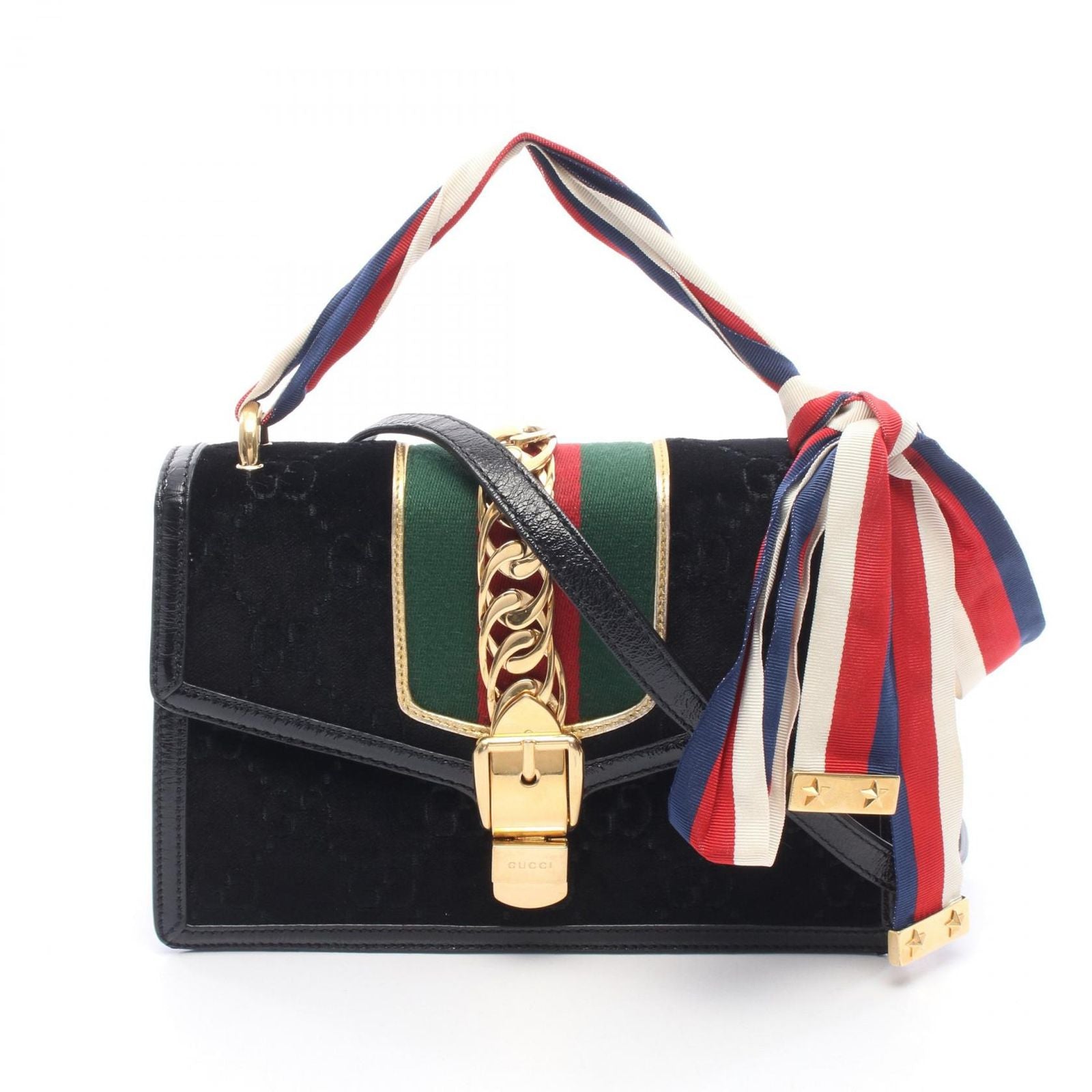 Gucci Shoulder Bag Sylvie Sherry Line GG Pattern 2-Way Black Fabric Patent