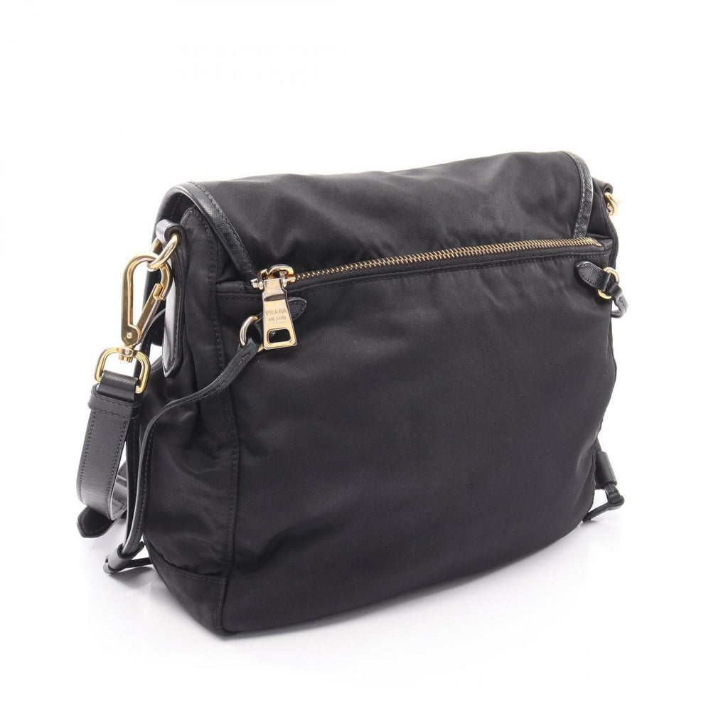 Prada Shoulder Bag Logo Black Nylon Saffiano Leather