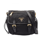 Prada Shoulder Bag Logo Black Nylon Saffiano Leather