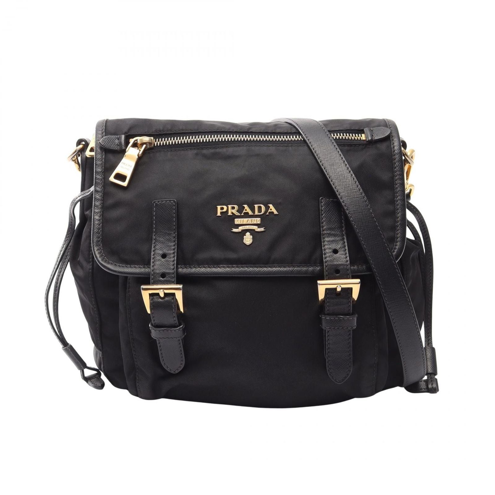 Prada Shoulder Bag Logo Black Nylon Saffiano Leather