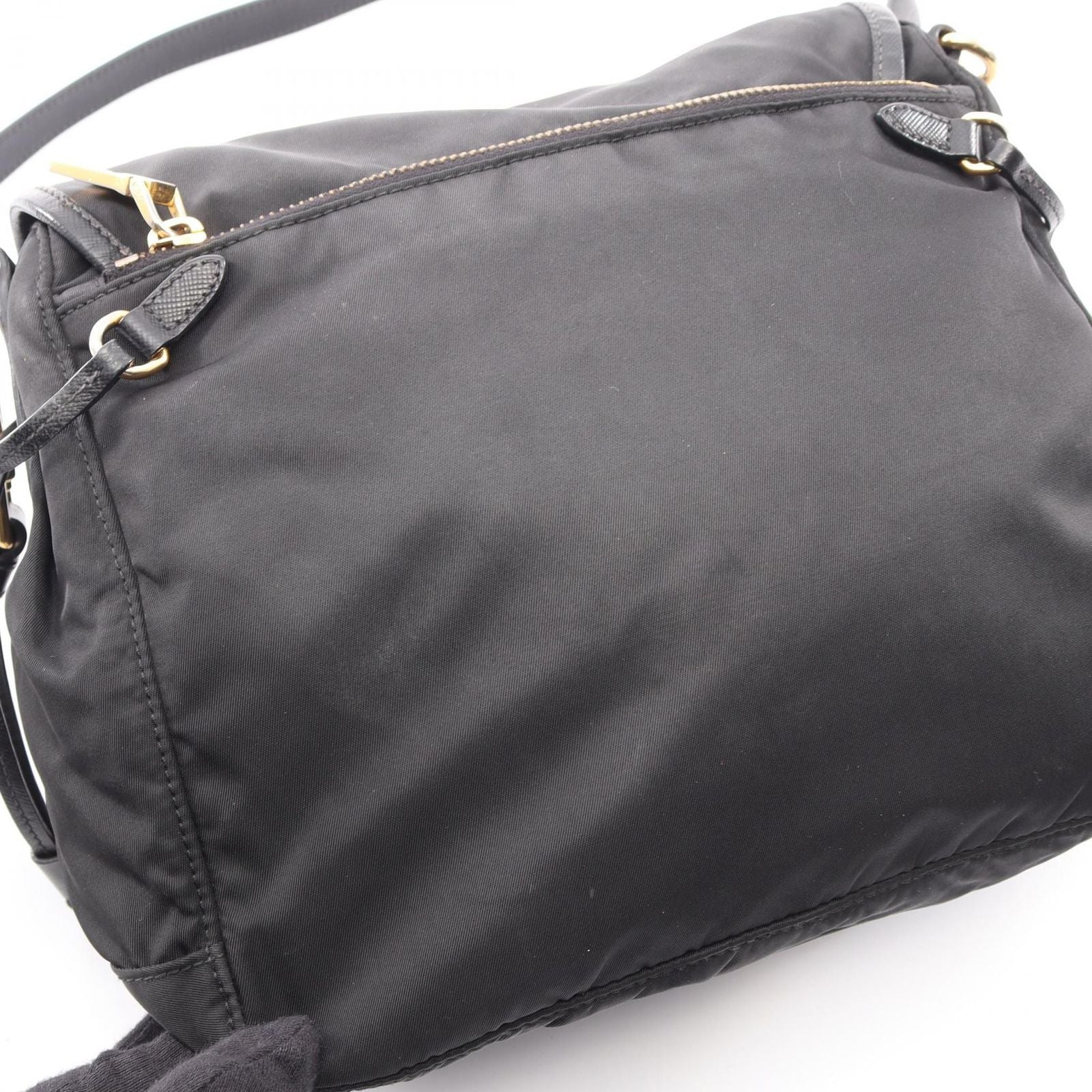 Prada Shoulder Bag Logo Black Nylon Saffiano Leather