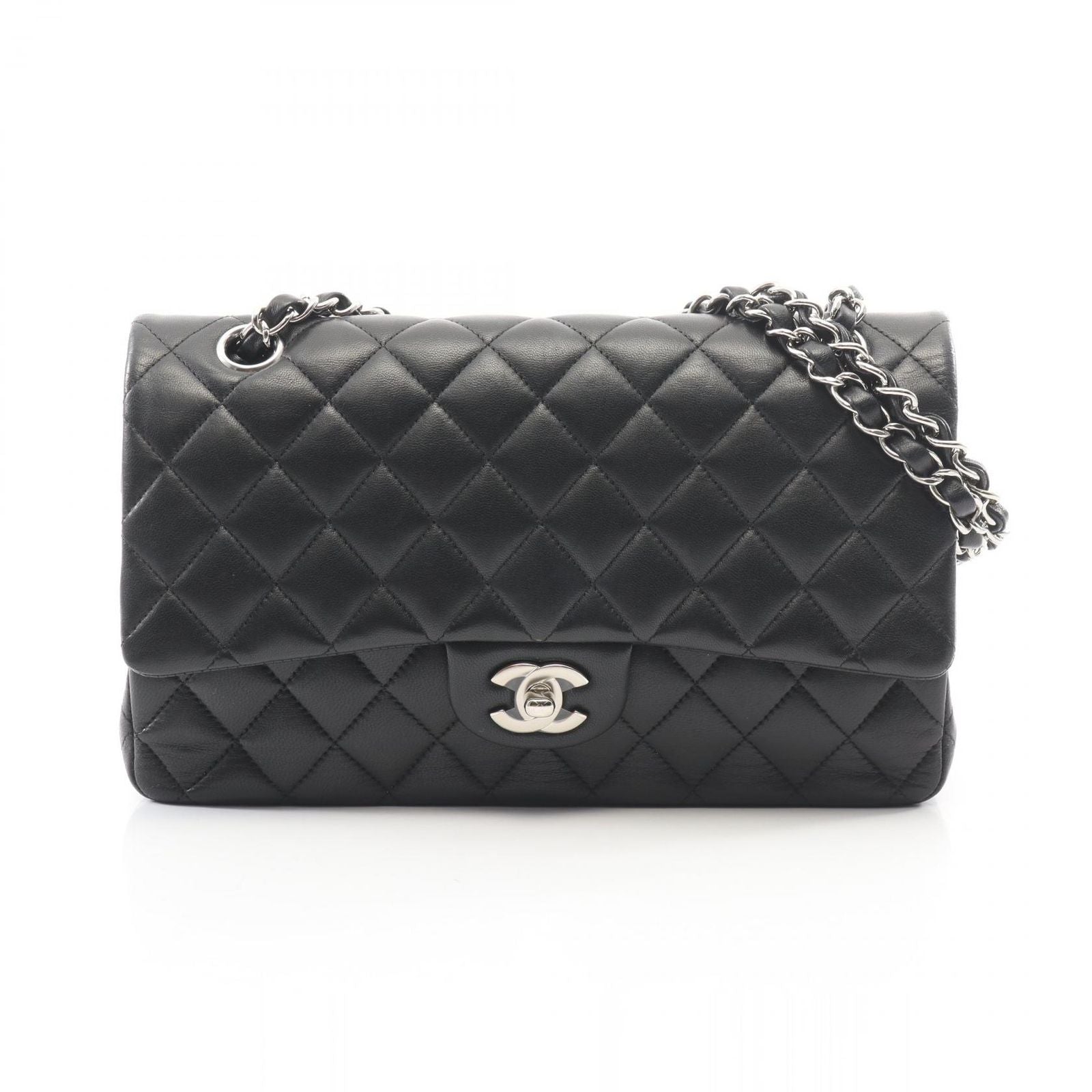 Chanel Shoulder Bag Quilted Double Flap Black Lambskin Chain
