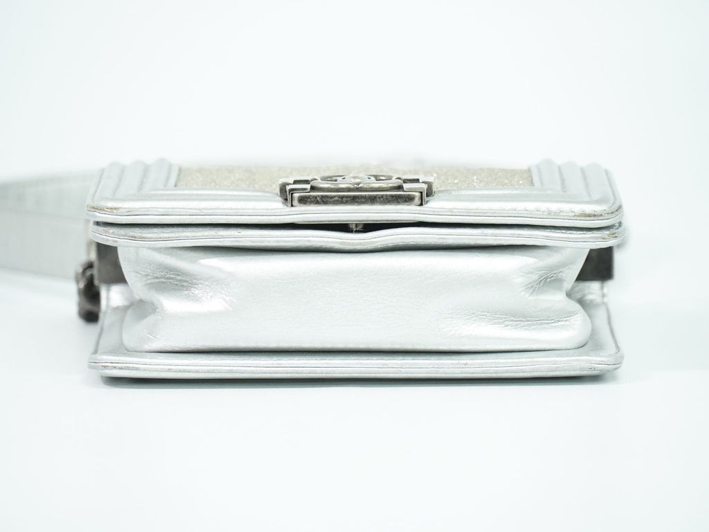 Chanel Boy CC Logo Chain Shoulder Bag Pochette Garu Sha Leather Metallic Silver