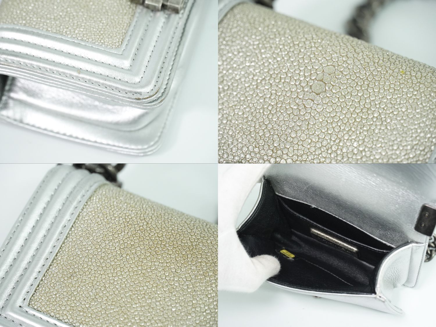 Chanel Boy CC Logo Chain Shoulder Bag Pochette Garu Sha Leather Metallic Silver