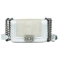 Chanel Boy CC Logo Chain Shoulder Bag Pochette Garu Sha Leather Metallic Silver