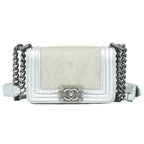 Chanel Boy CC Logo Chain Shoulder Bag Pochette Garu Sha Leather Metallic Silver