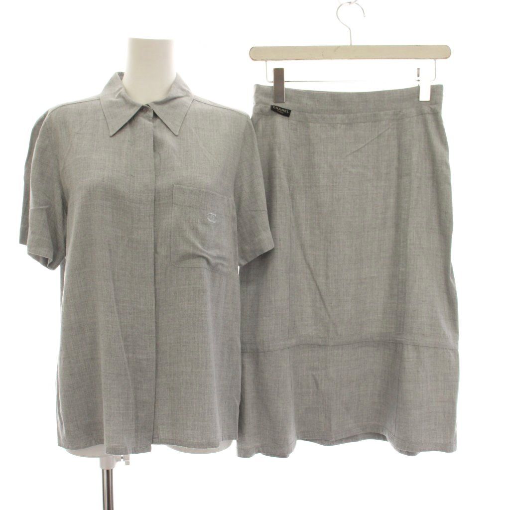 Chanel CC Logo Set Top and Bottom Shirt Blouse Short Sleeve Flare Skirt Knee