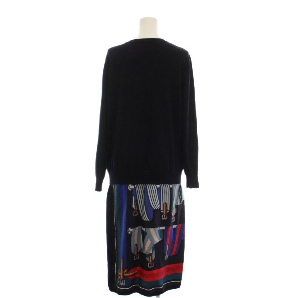 Hermes Cashmere Knit Docking Silk Dress Long Sleeve 36 Black Multicolor — view 3