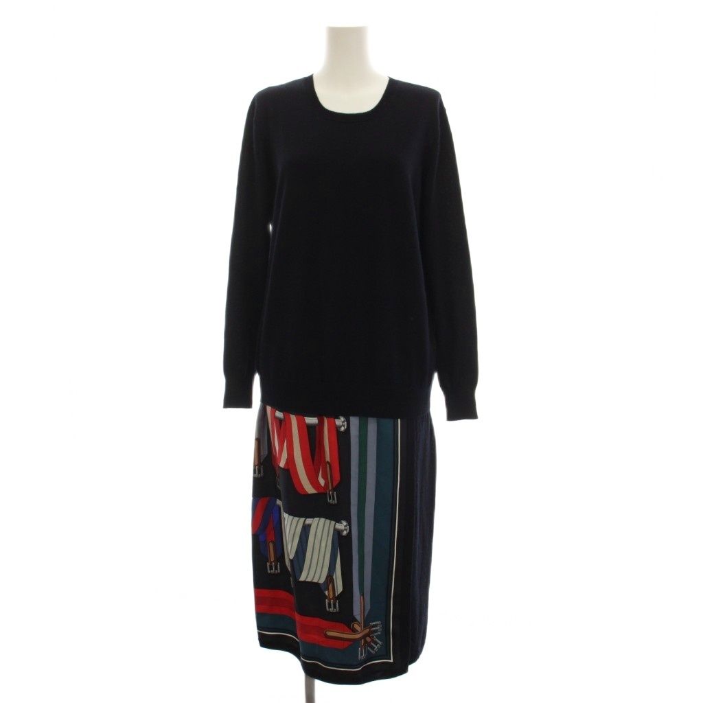 Hermes Cashmere Knit Docking Silk Dress Long Sleeve 36 Black Multicolor