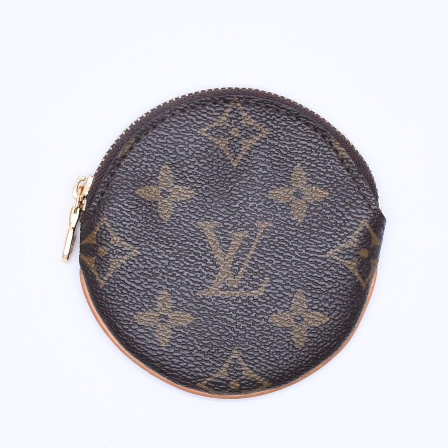 Louis Vuitton Porte Monnaie Rond Coin Purse Monogram Canvas Brown Case Gold
