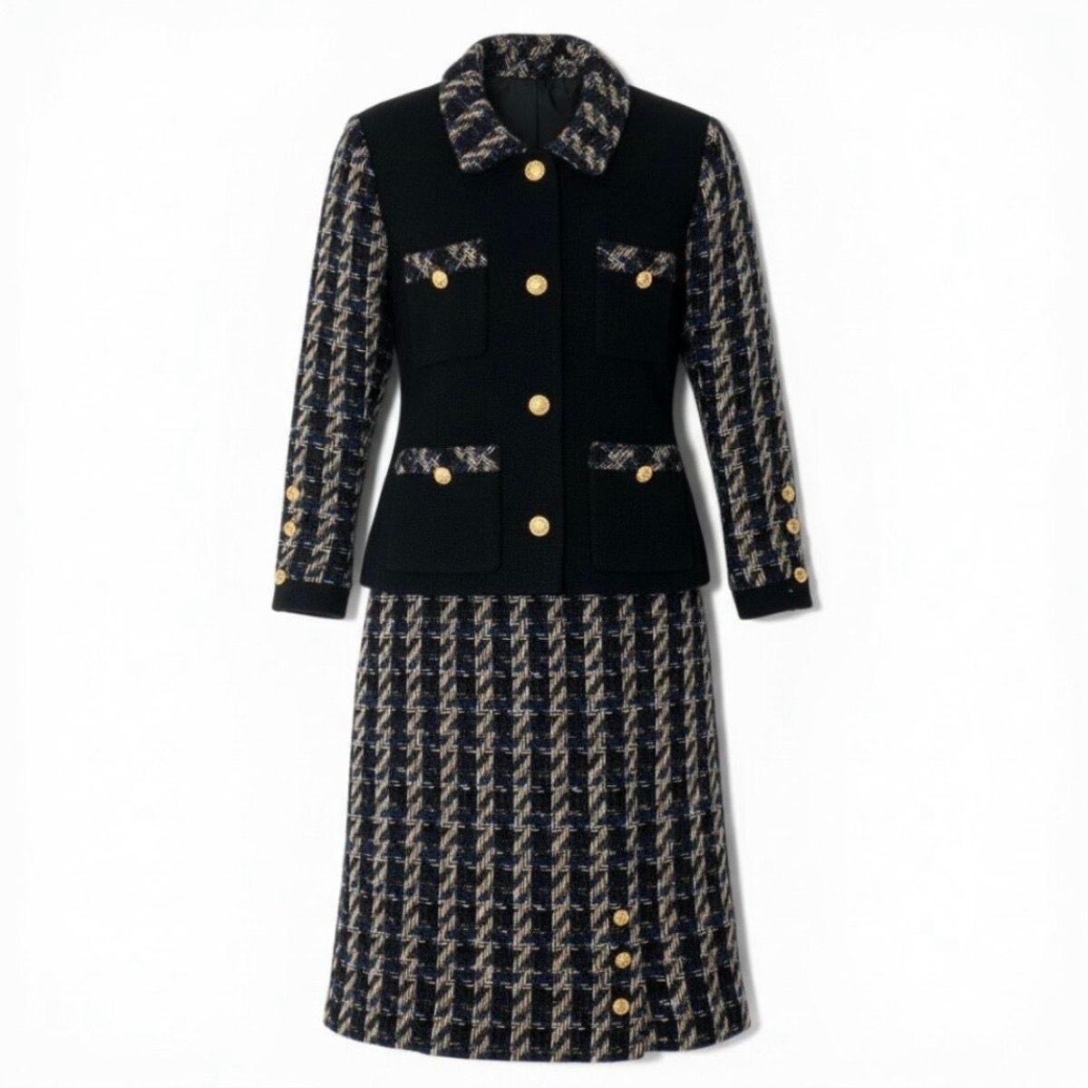 Chanel Vintage Tweed Skirt Jacket & Set CC Logo Gold Button
