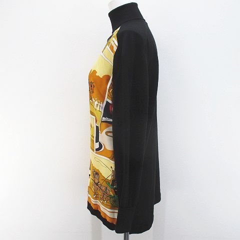 Hermes Scarf Pattern Wool Knit Sweater 38 Black Silk Contrast Turtleneck Side — view 8