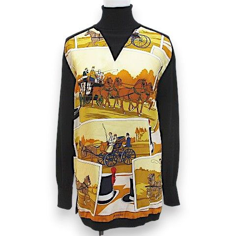 Hermes Scarf Pattern Wool Knit Sweater 38 Black Silk Contrast Turtleneck Side